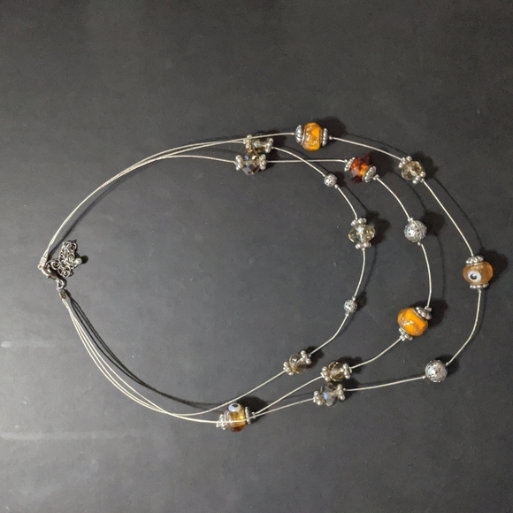 Silver Tone Orange Brown Crystal Beaded Floating Illusion Statement Neck… - Picture 1 of 4
